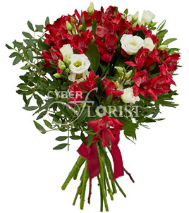 red alstroemerias and white lisianthuses