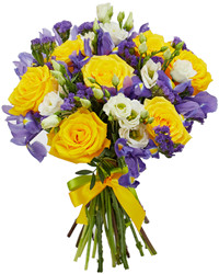 bouquet of yellow roses and irises