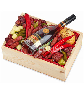 gift box with meat snacks and cognac