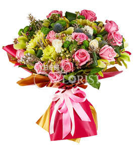 Bouquet of roses, orchids and chrysanthemums