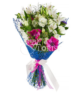 A bouquet of alstroemerias, lisianthuses and anemones