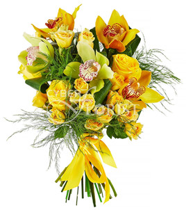 Yellow bouquet with roses and orchids