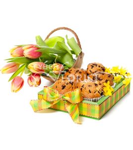 tulips and pancakes in a basket