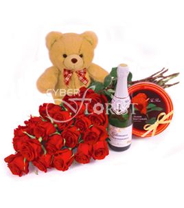 roses with champagne and sweets