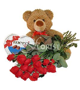 red roses with teddy and chocolates
