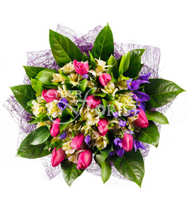 bouquet of tulips irises and alstroemerias