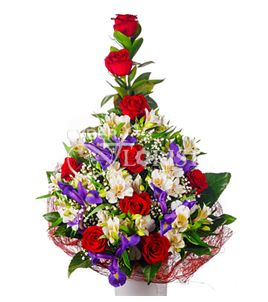 irises roses and alstroemerias